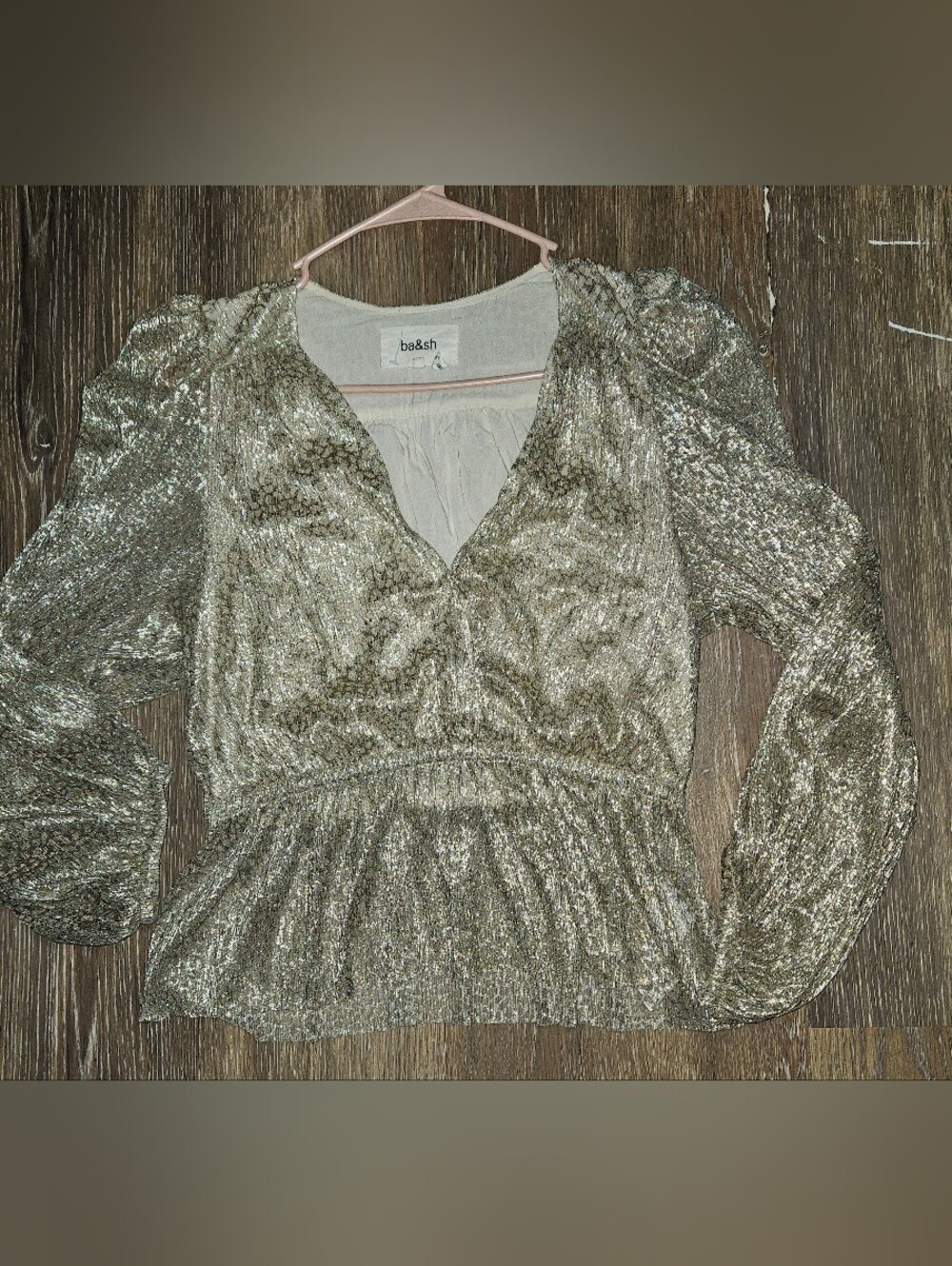 ba&sh Gold Metallic V-Neck Peplum Blouse Small